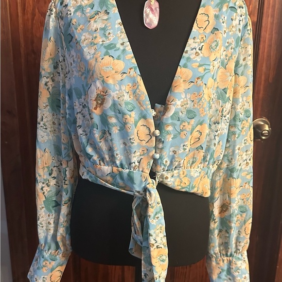 Floral Blue and Yellow Women's Top - Picture 1 of 7
